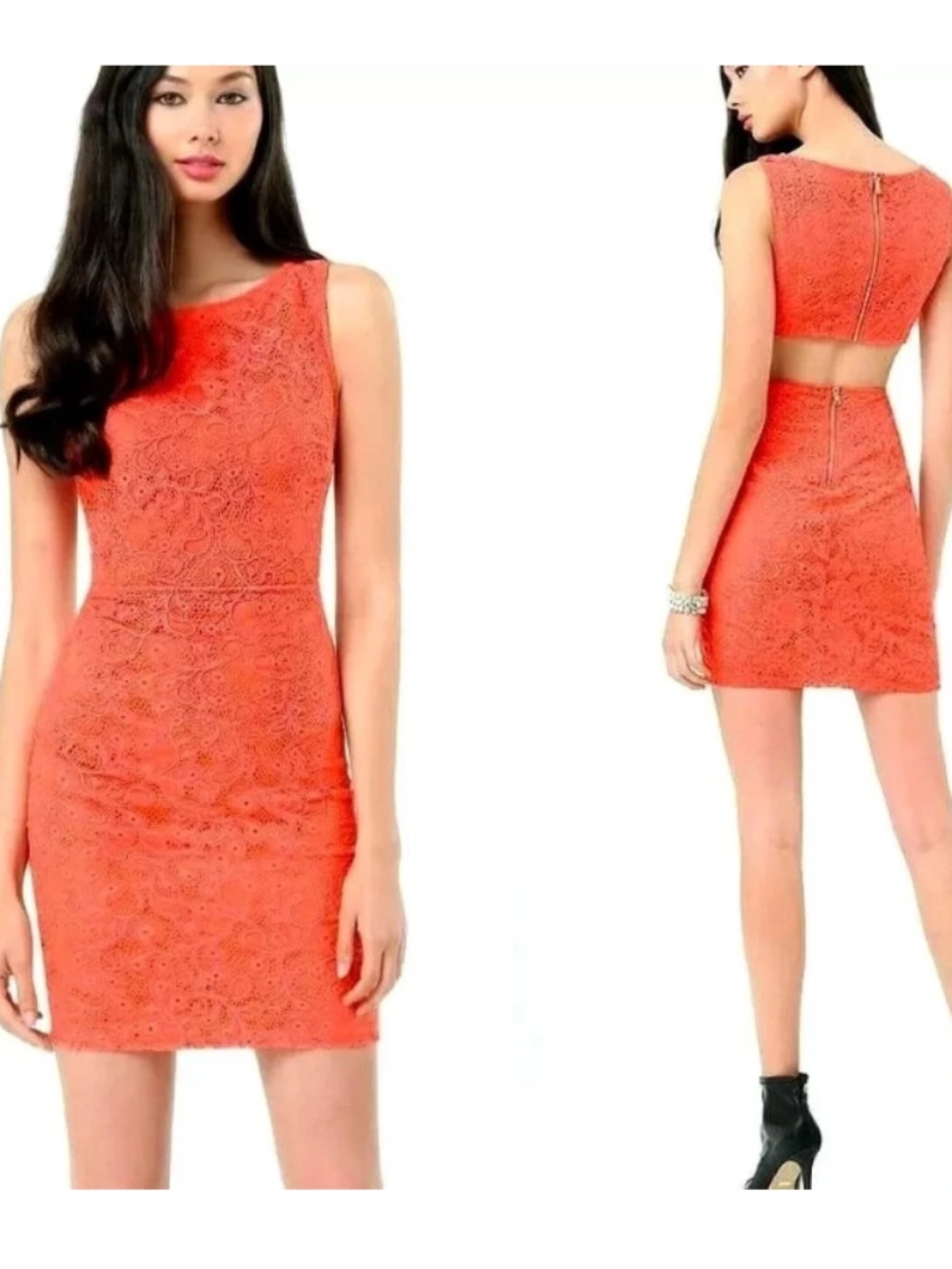 NWT Bebe orange coral cutout back overall lace pencil top dress